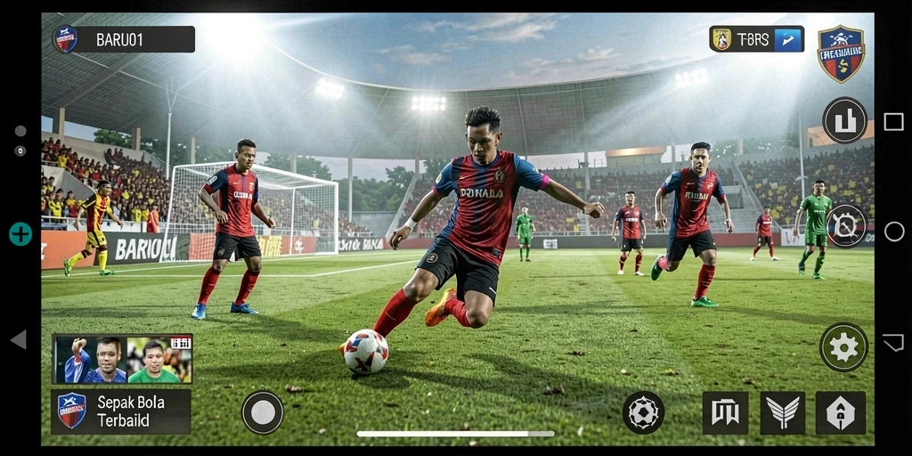 Tangkapan layar utama menunjukkan gameplay seru dengan aksi sepak bola yang mendebarkan.