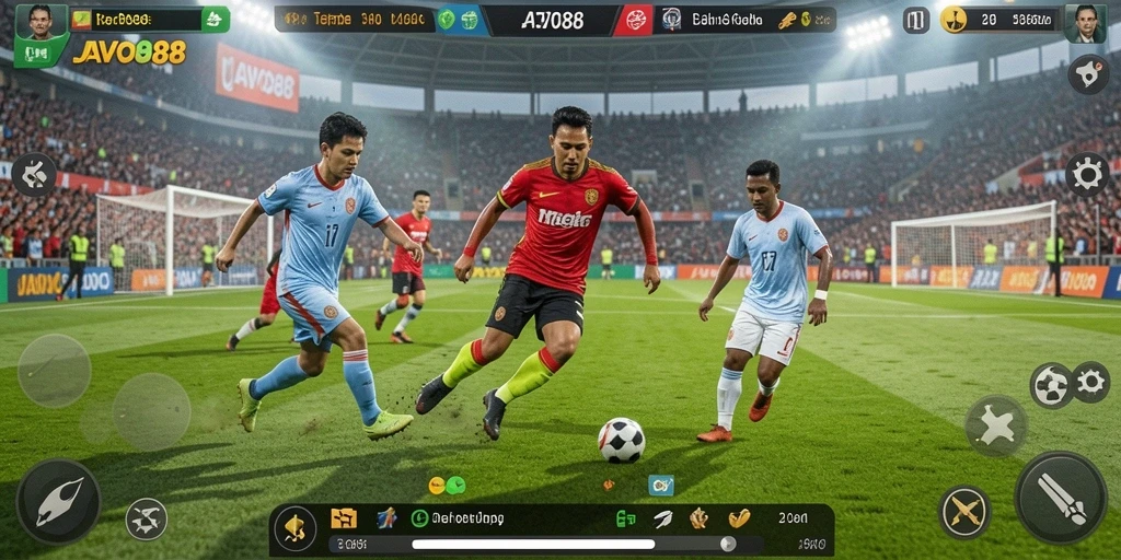 Tampilan gameplay JAVO88 yang menegangkan di lapangan sepak bola.