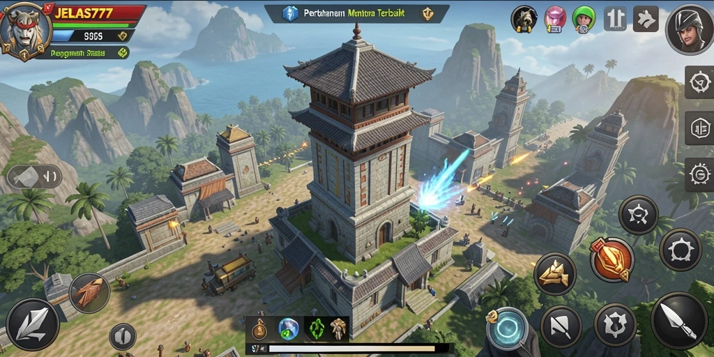 Gameplay JELAS777 dengan menara pertahanan yang strategis.