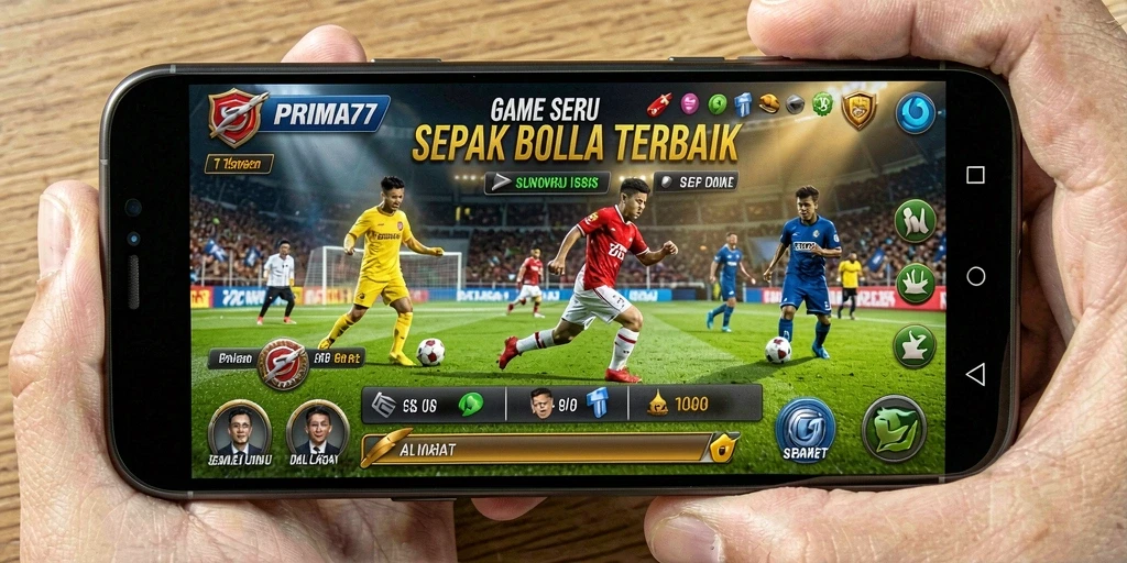 Tampilan gameplay seru dalam PRIMA77 menunjukkan aksi pertandingan sepak bola.