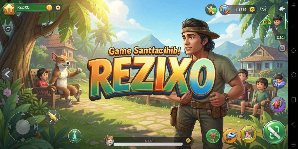 Screenshot menunjukkan gameplay santai dan penuh warna dari REZIXO.