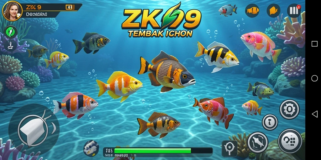 Screenshot gameplay ZK9 dengan aksi menembak ikan yang intens.